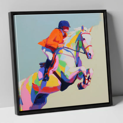 Chromatic Leap show jumping horse canvas wall art in black frame