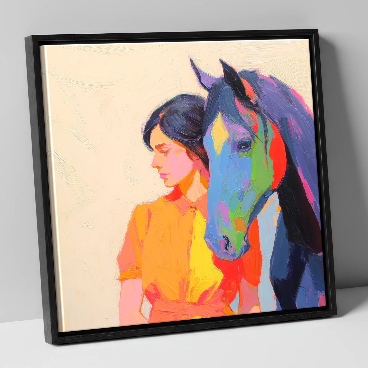 Vivid Companion horse & rider canvas wall art in black frame