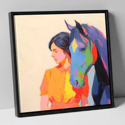 Vivid Companion horse & rider canvas wall art in black frame