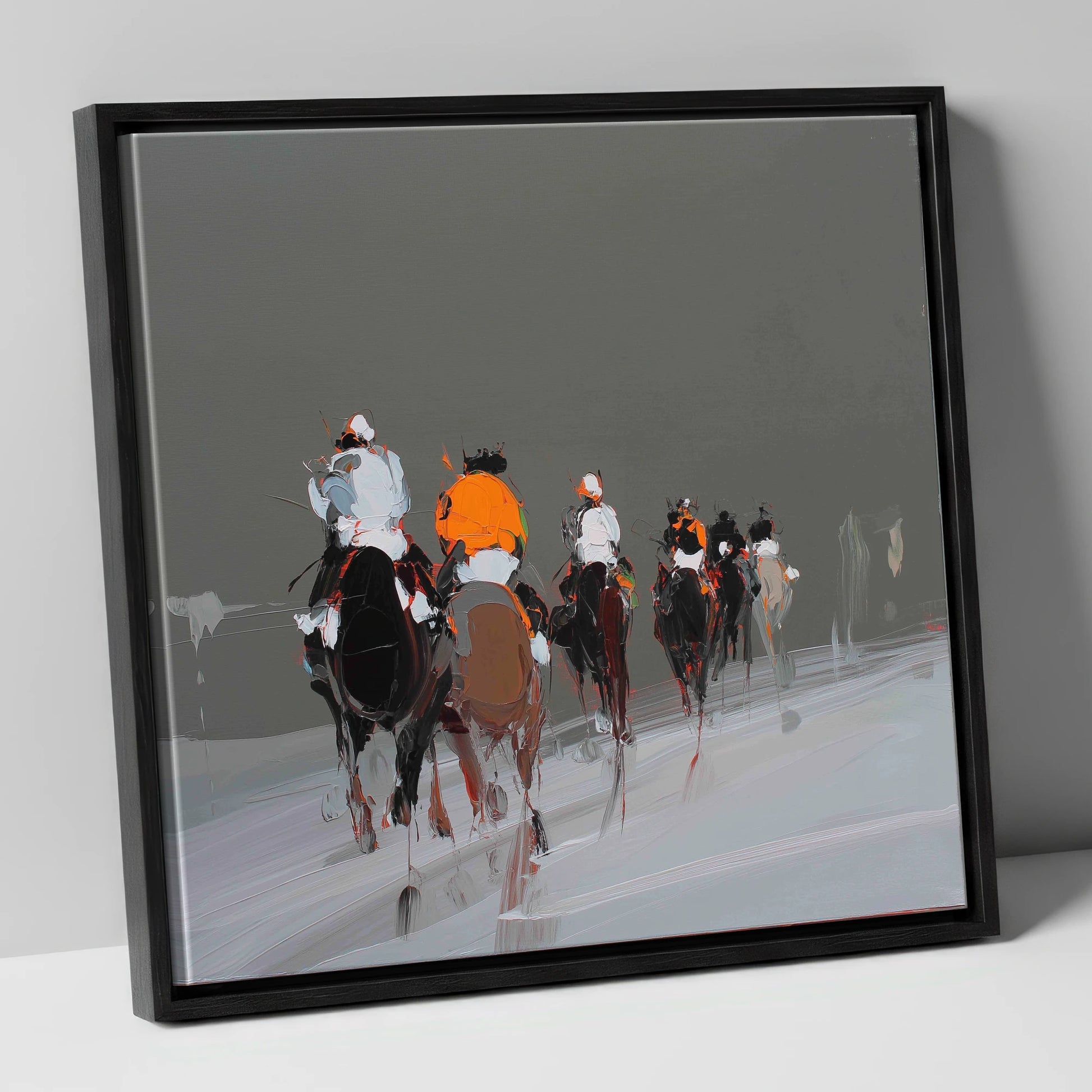 Through the Grey racing horse canvas wall art in black frame