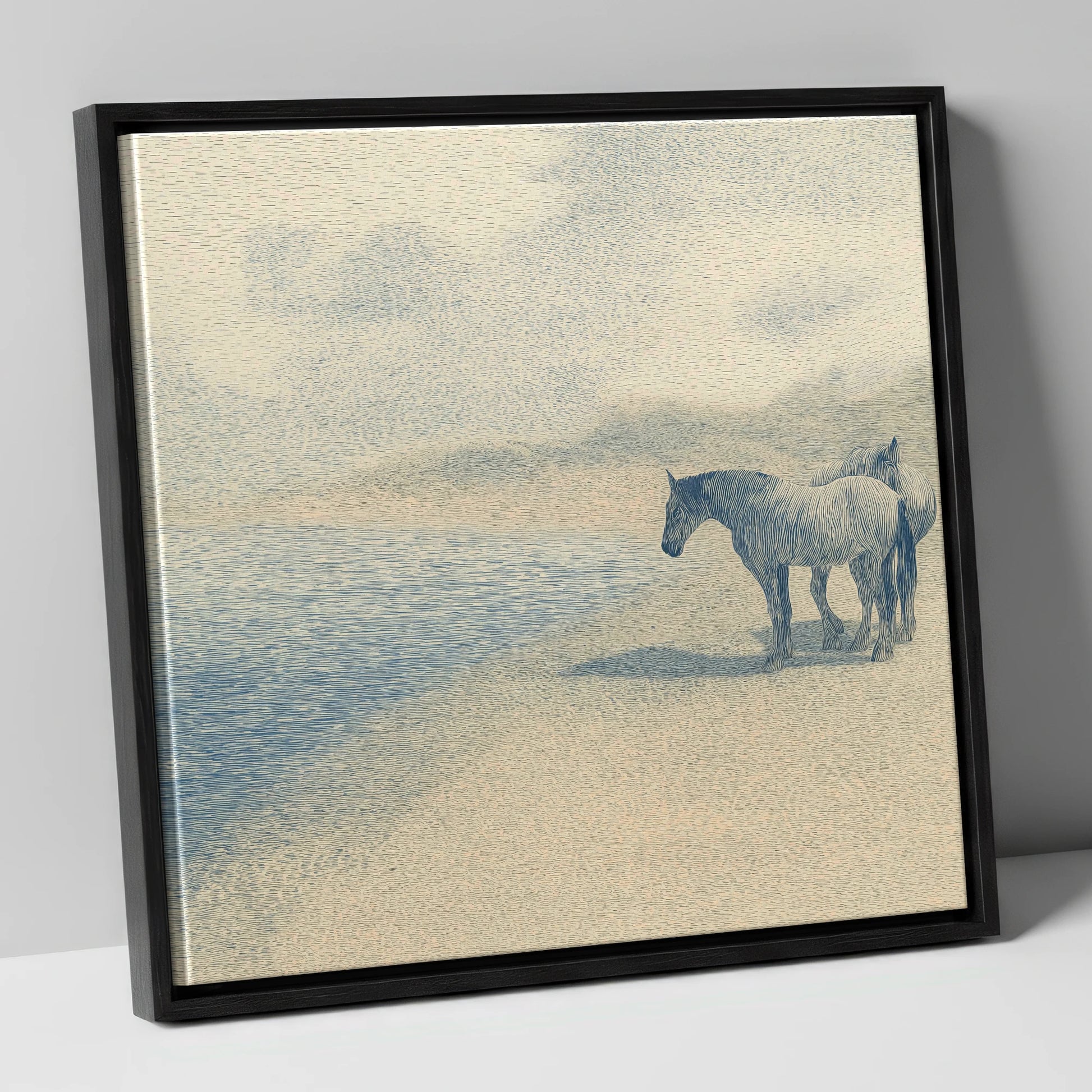 Coastal Companions horse landscape canvas wall art in black frame
