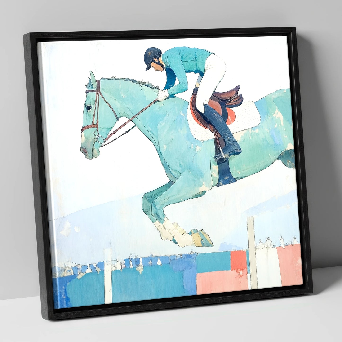 Aquamarine Ascent show jumping horse canvas wall art in black frame