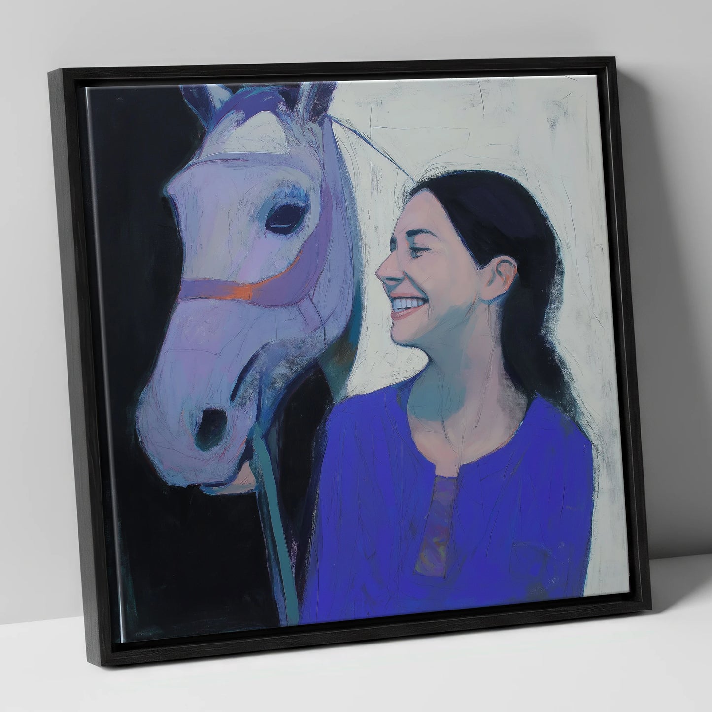 The Royal Blue Bond horse & rider canvas wall art in black frame