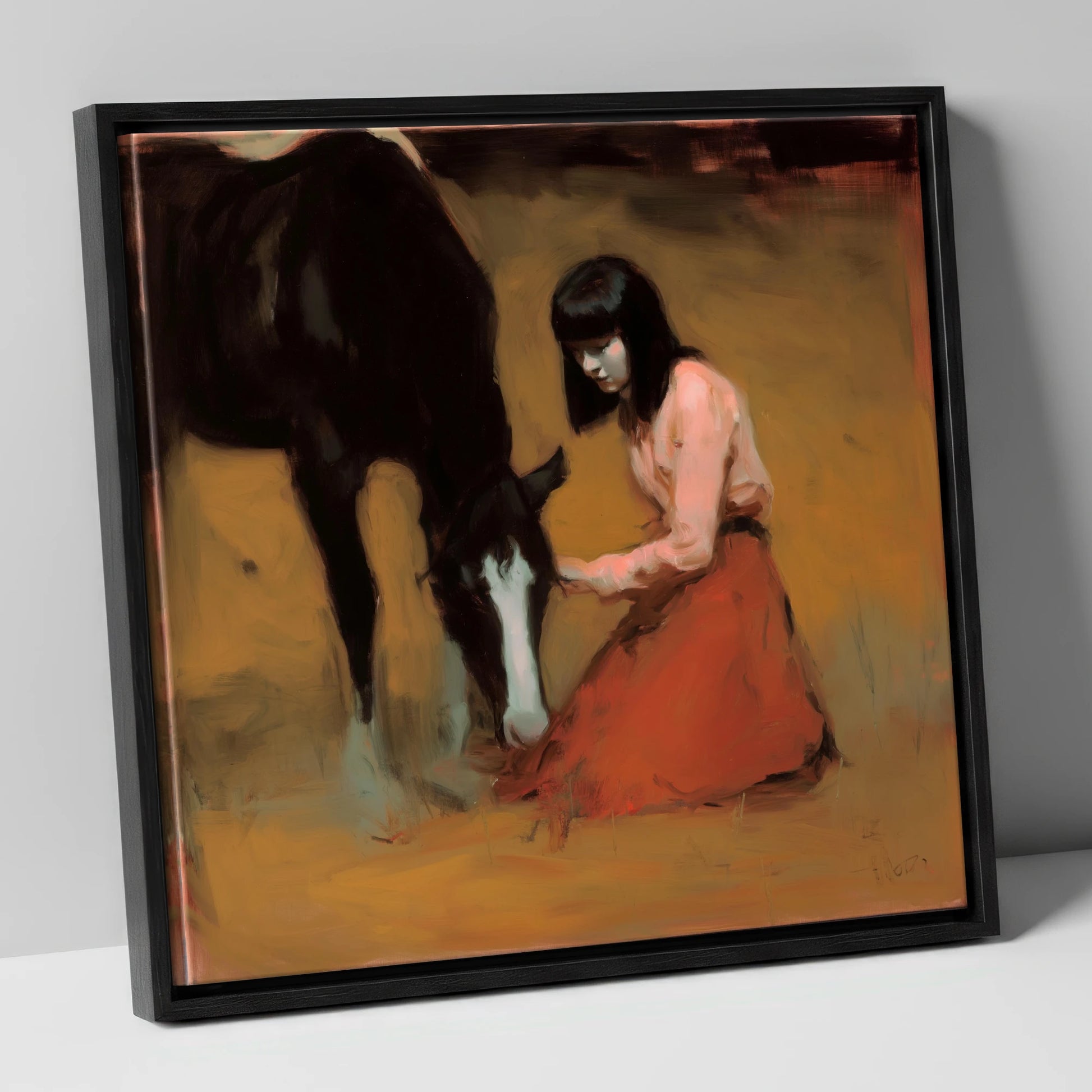Quiet Communion horse & rider canvas wall art in black frame