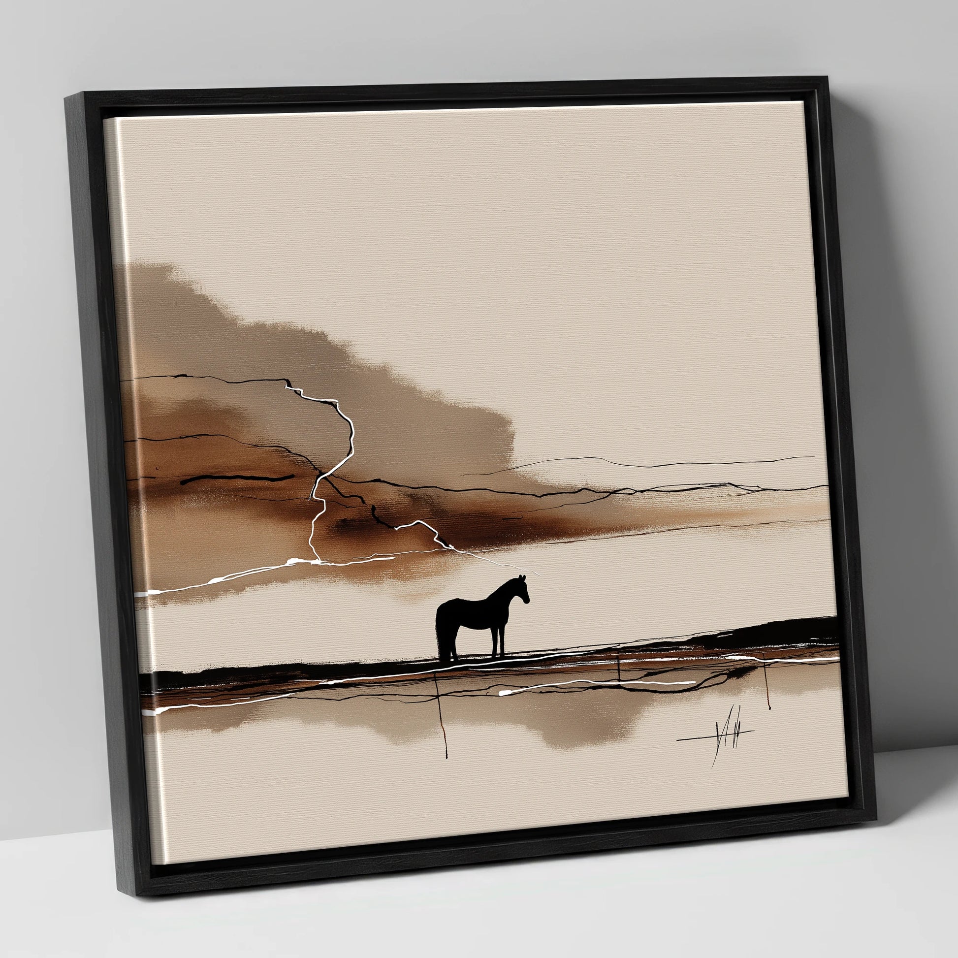 Lightning on the Horizon horse landscape canvas wall art in black frame