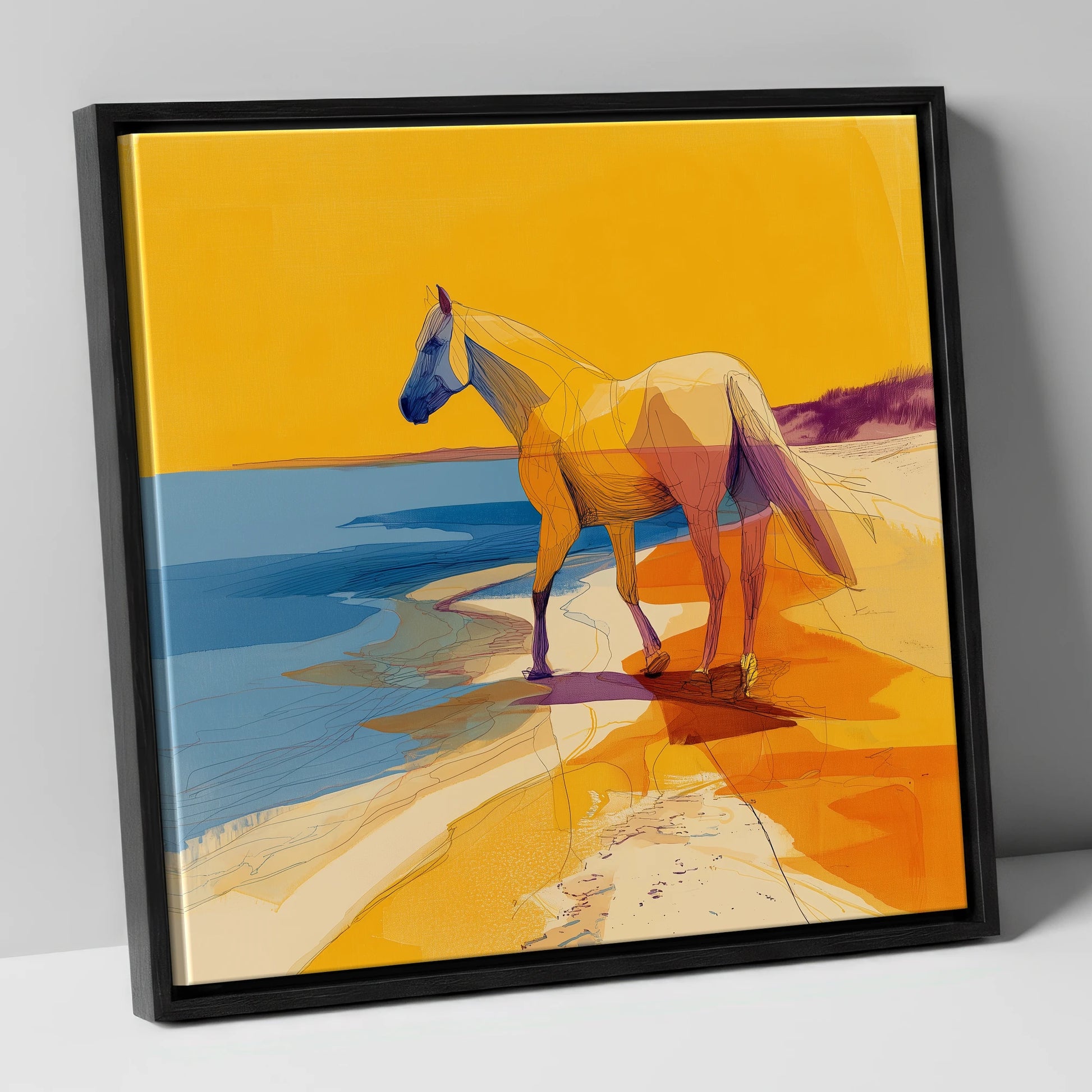Vibrant Coastal Stride horse landscape canvas wall art in black frame