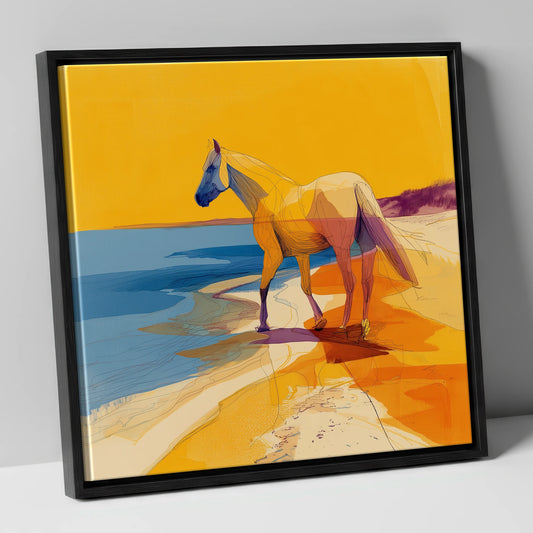 Vibrant Coastal Stride horse landscape canvas wall art in black frame