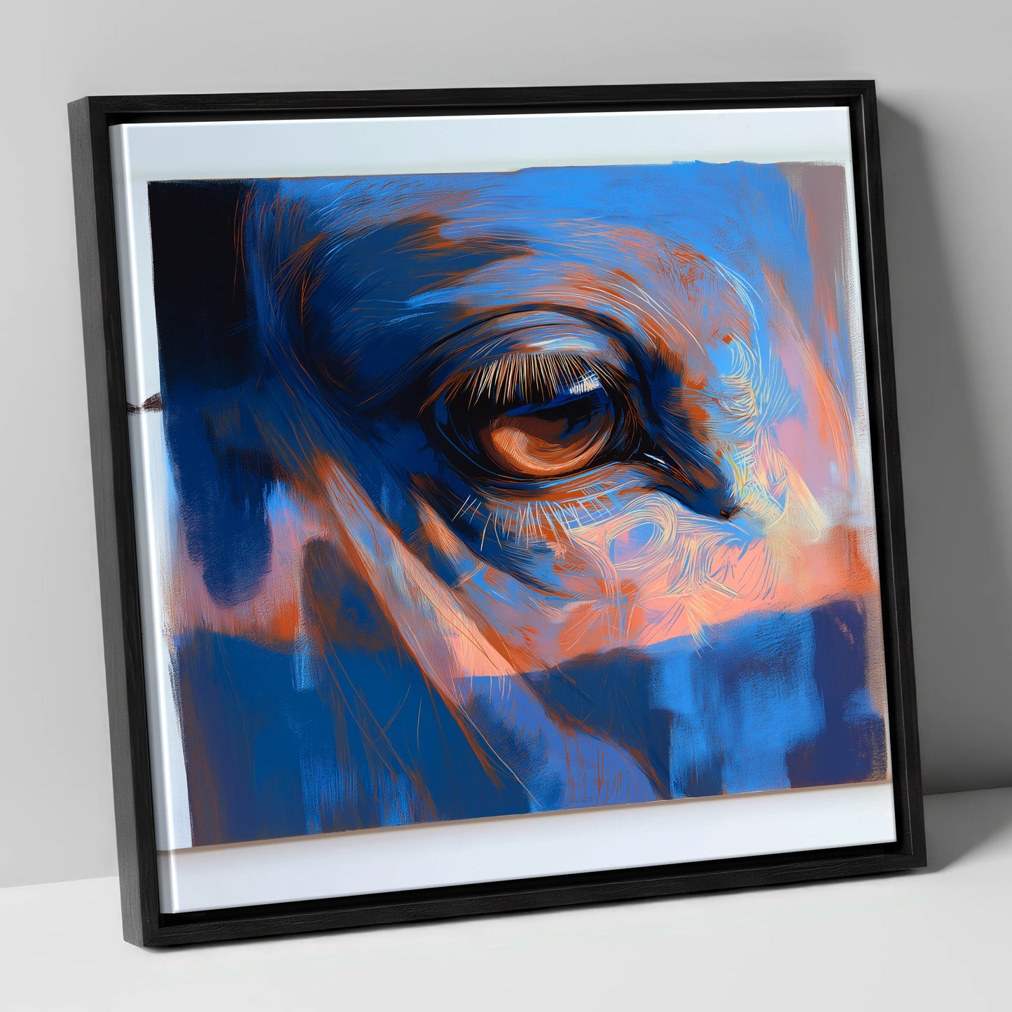 Soulful Azure Gaze horse portrait canvas wall art in black frame
