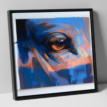 Soulful Azure Gaze horse portrait canvas wall art in black frame