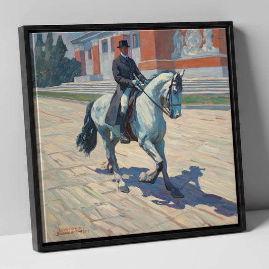 Sunlit Dressage Passage dressage horse canvas wall art in black frame