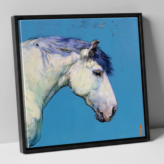 The Azure Grey horse portrait canvas wall art in black frame