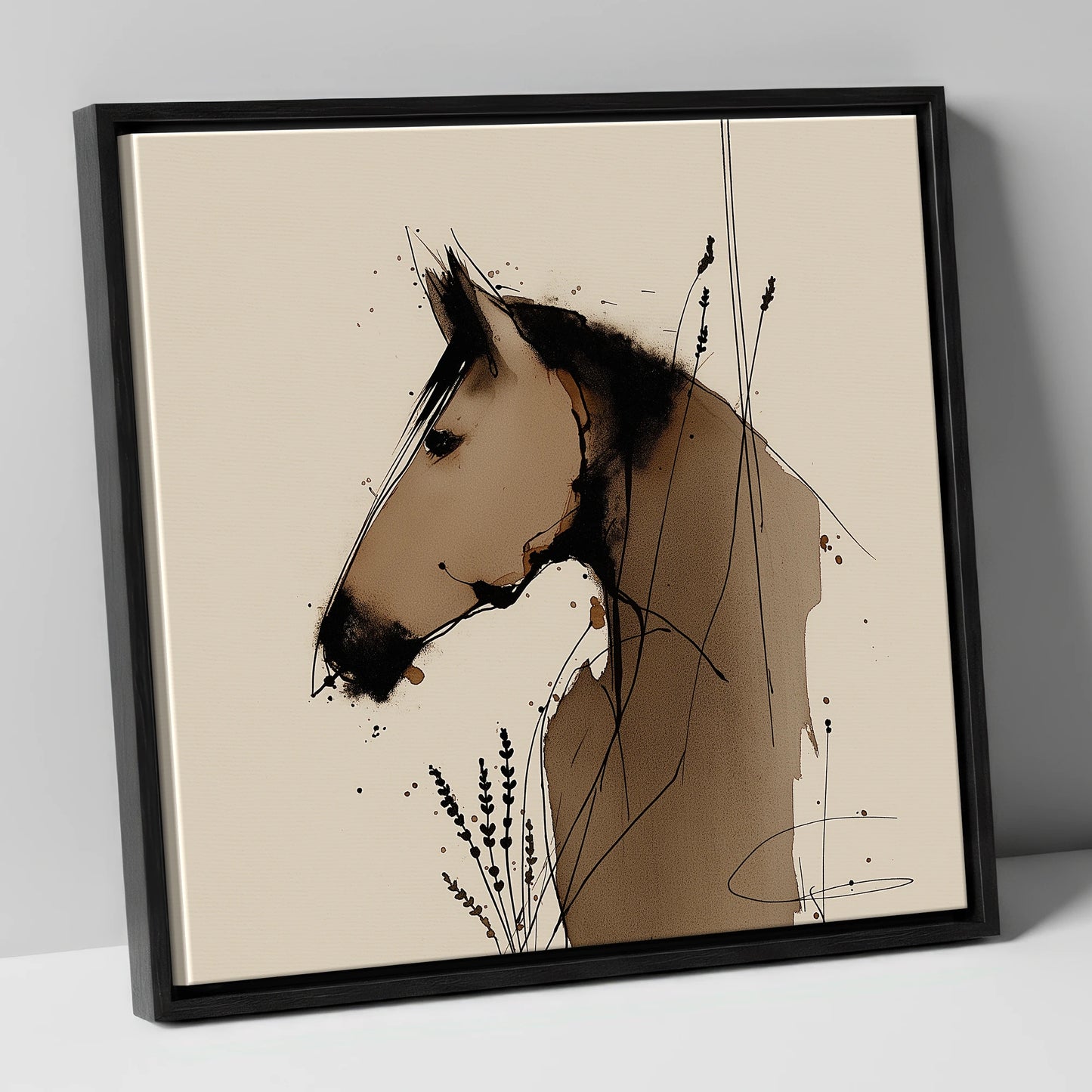 Earthy Equine Silhouette horse portrait canvas wall art in black frame