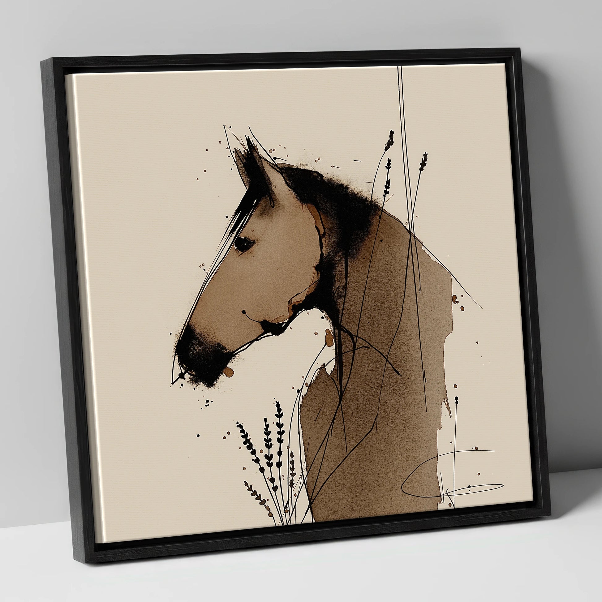 Earthy Equine Silhouette horse portrait canvas wall art in black frame