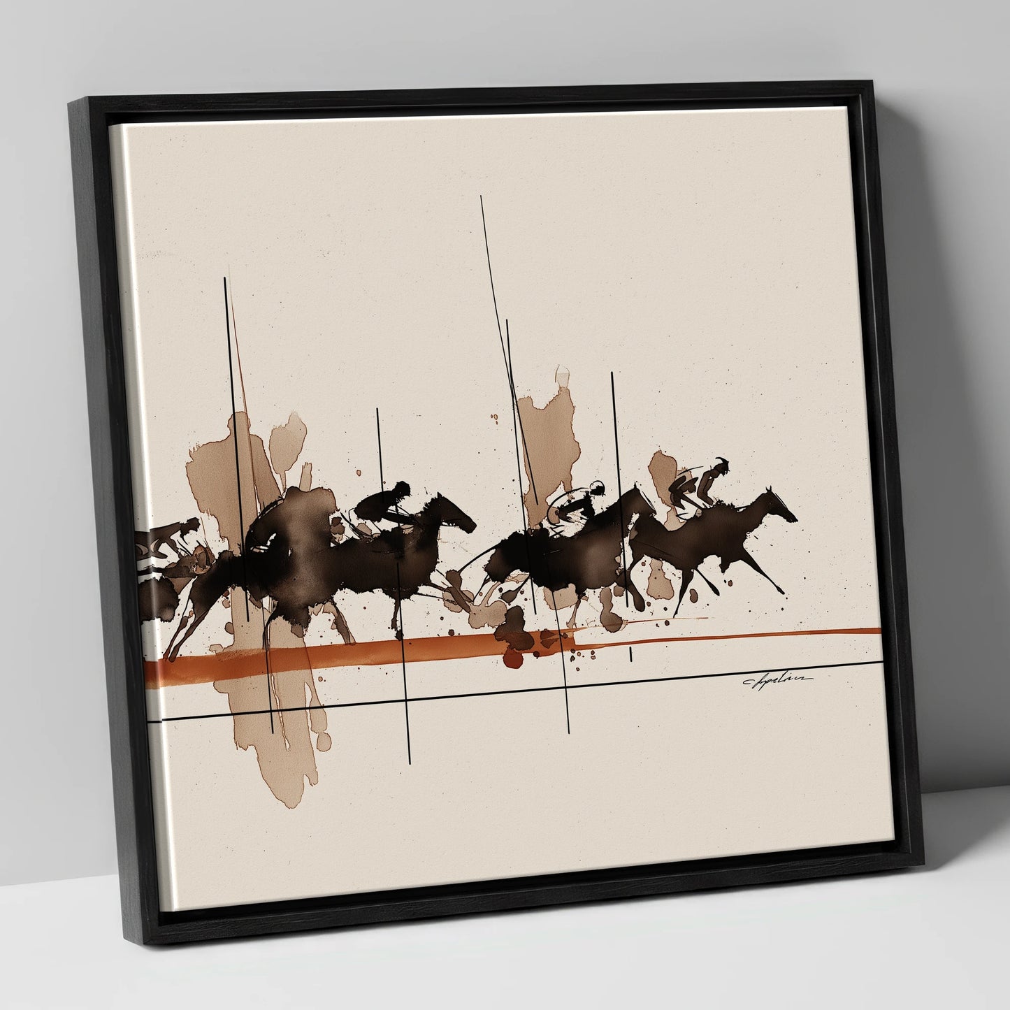 Surge to the Wire racing horse canvas wall art in black frame