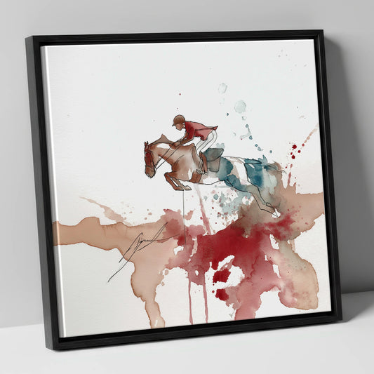Crimson Flight show jumping horse canvas wall art in black frame