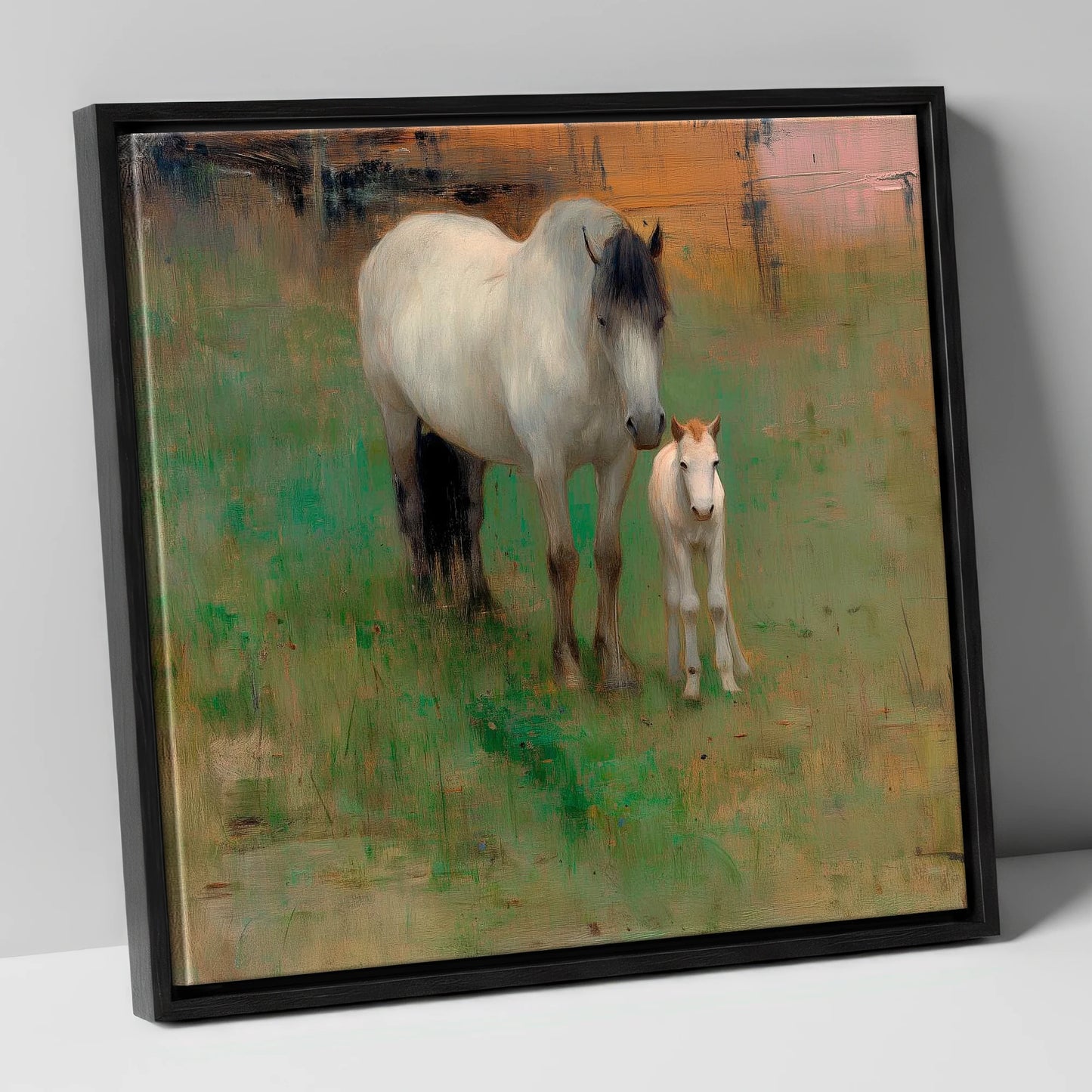 Quiet Pasture Companions mare & foal canvas wall art in black frame
