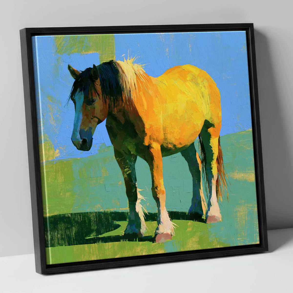 Golden Horse in Vibrant Sunlight horse breed canvas wall art in black frame