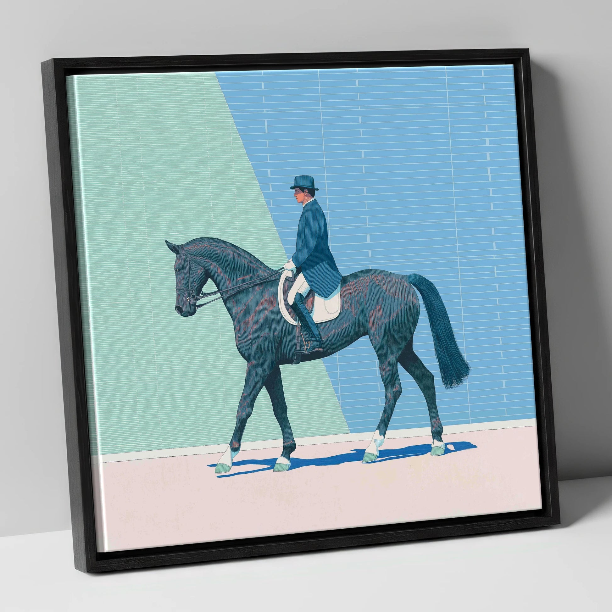 Rhythmic Precision dressage horse canvas wall art in black frame