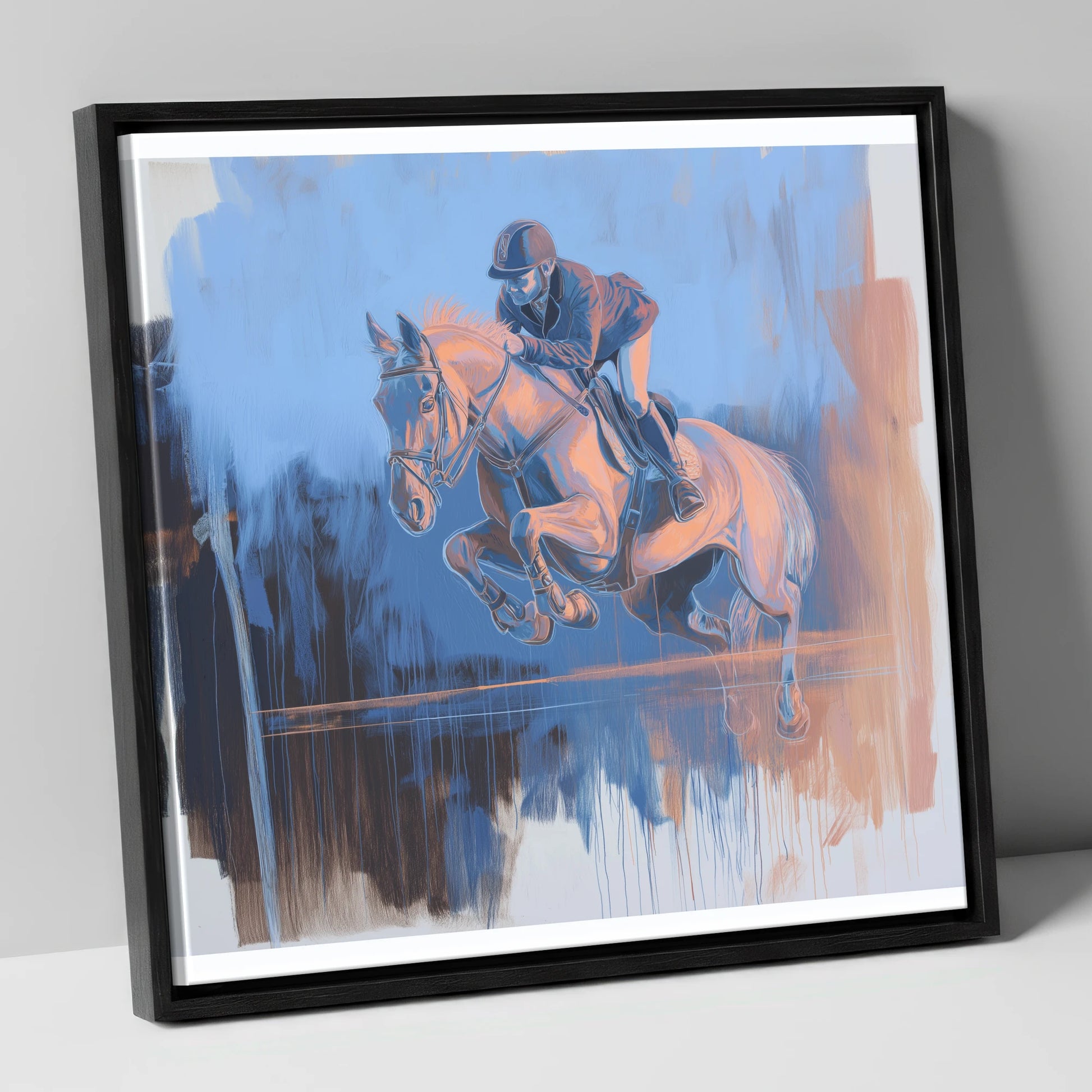 Suspended Over Cobalt show jumping horse canvas wall art in black frame