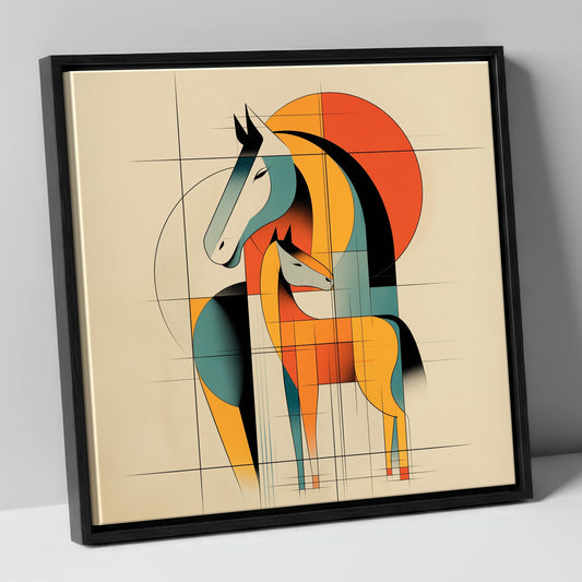 Geometric Equine Bond mare & foal canvas wall art in black frame