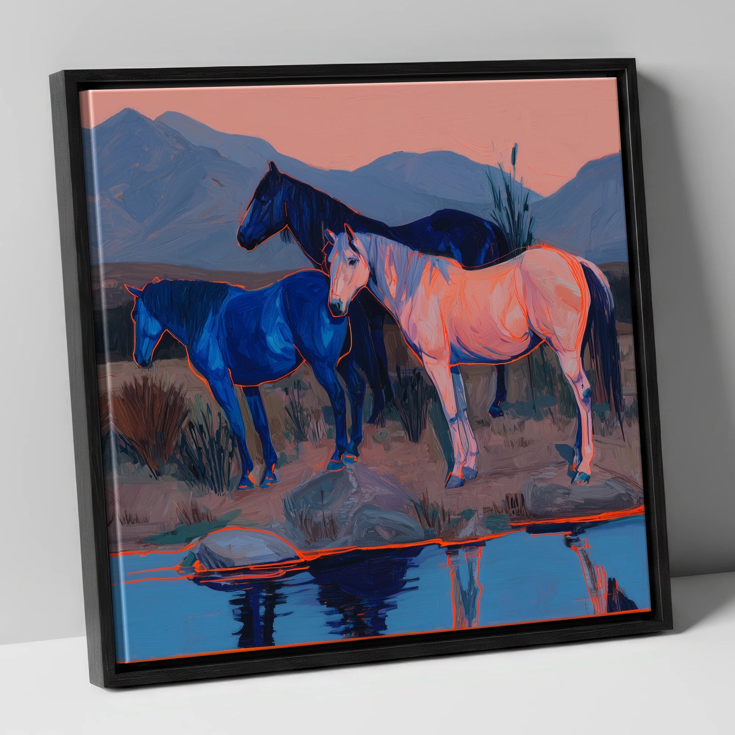 Vivid Indigo Dusk wild horses canvas wall art in black frame