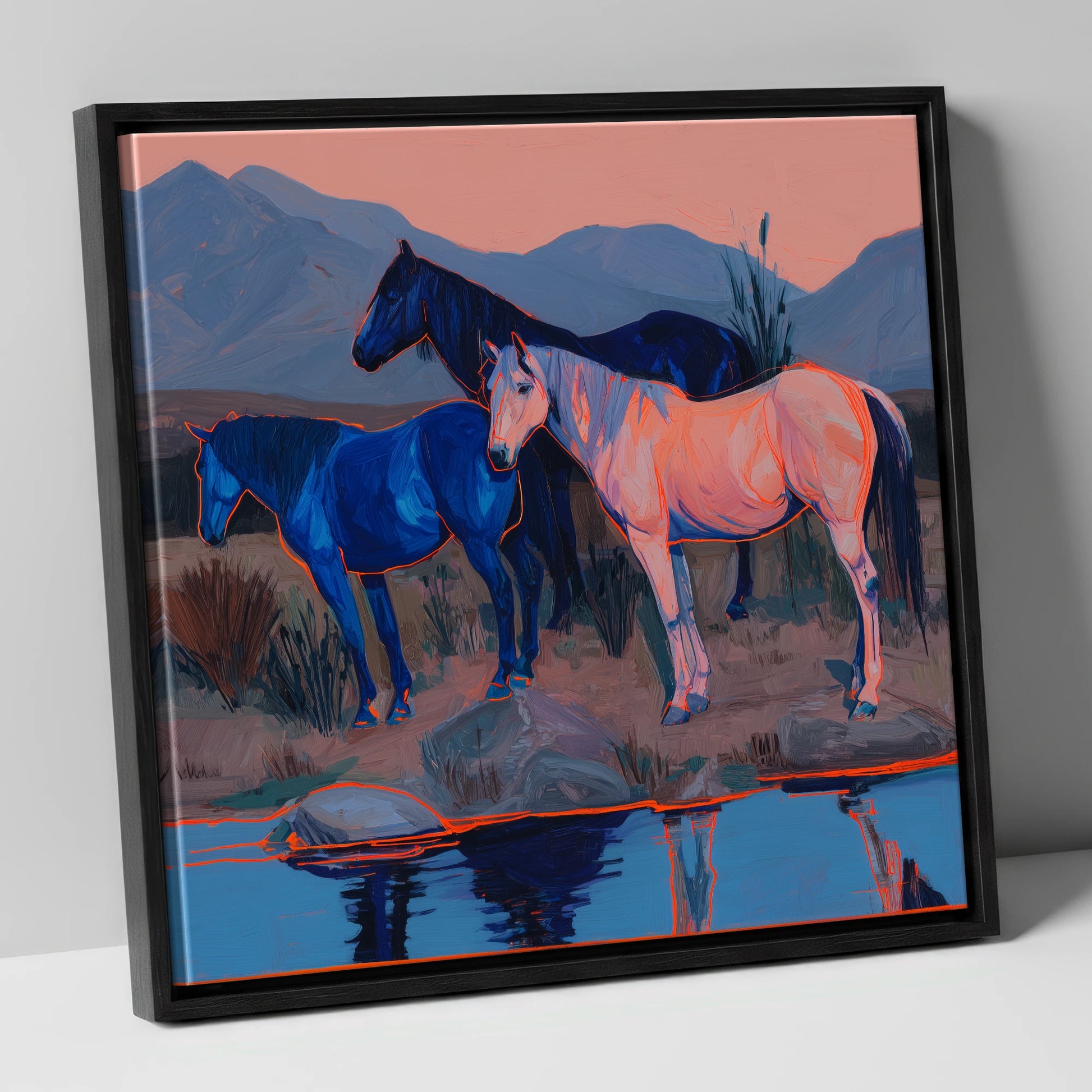 Vivid Indigo Dusk wild horses canvas wall art in black frame