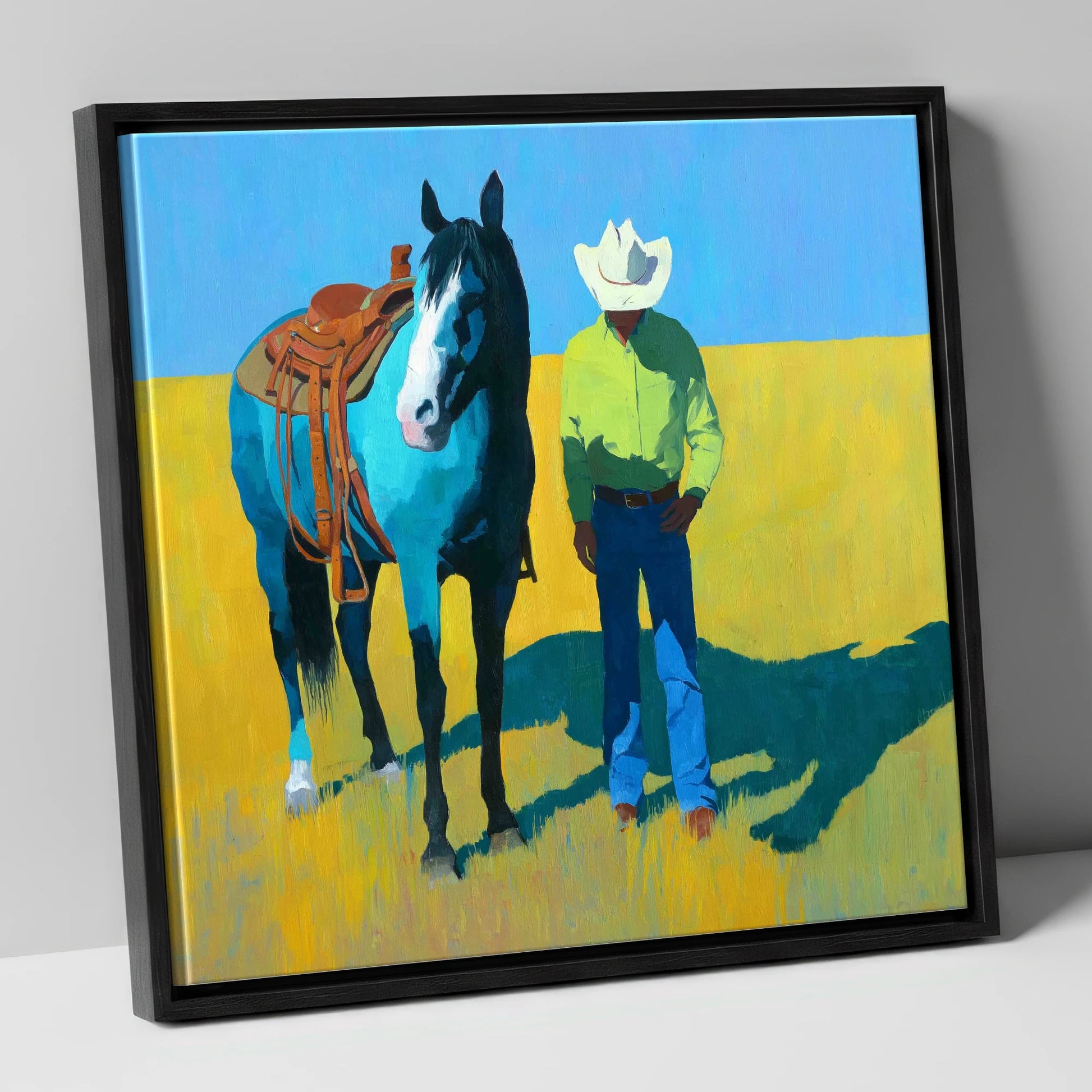 Vibrant High Plains Companion western horse canvas wall art in black frame