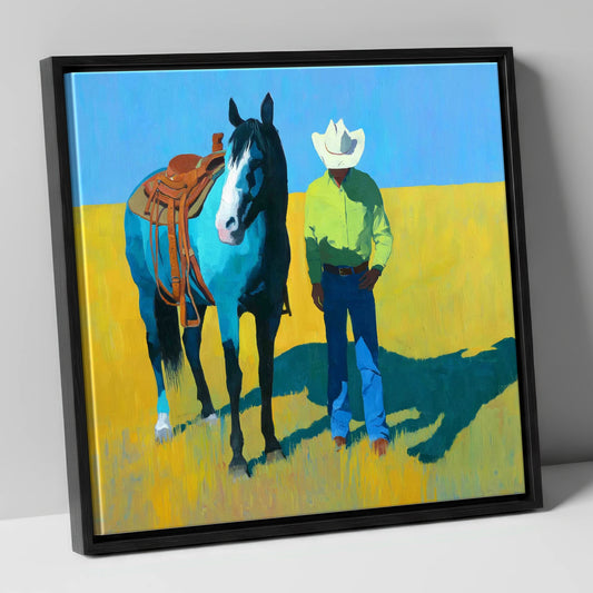 Vibrant High Plains Companion western horse canvas wall art in black frame