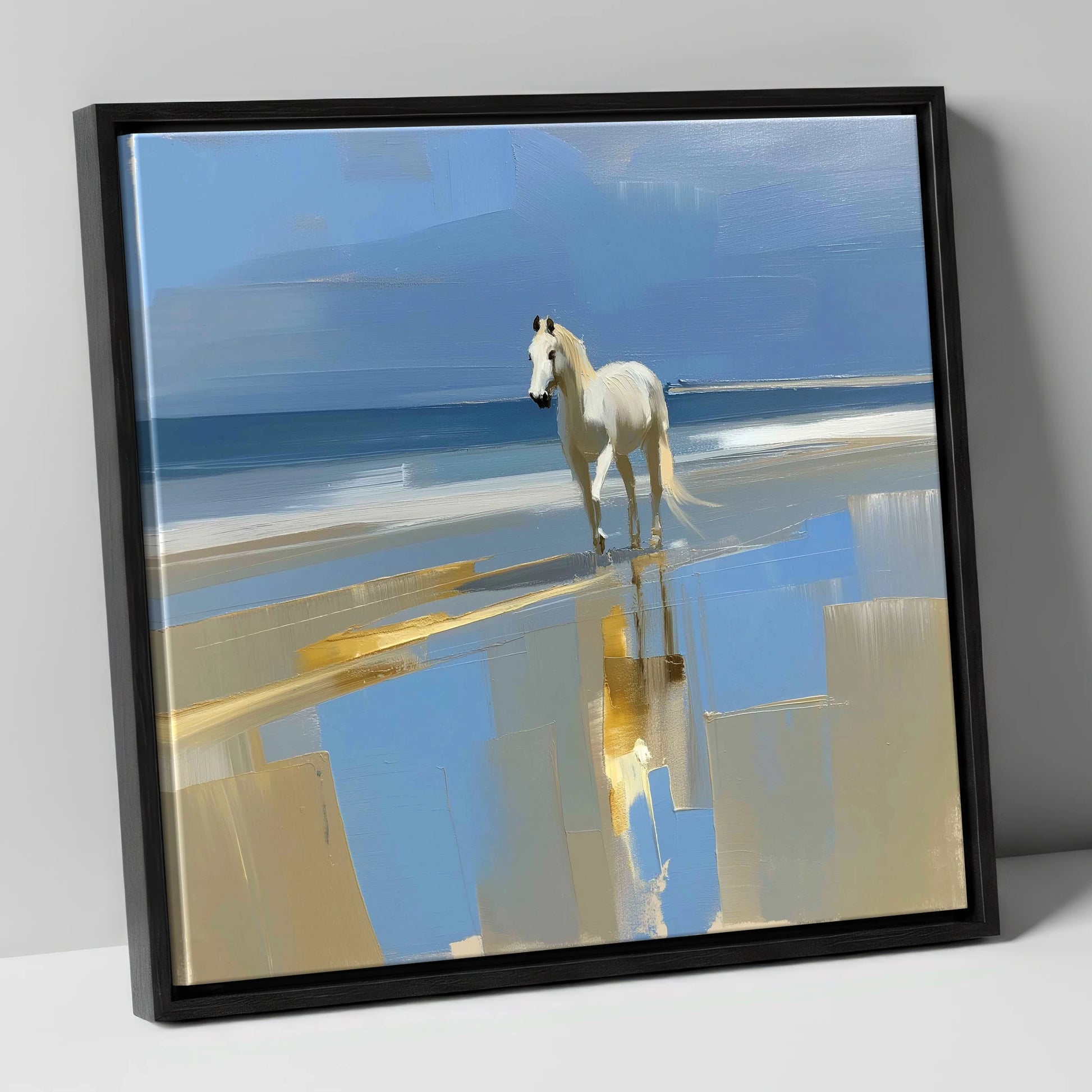 Coastal Reflection horse landscape canvas wall art in black frame
