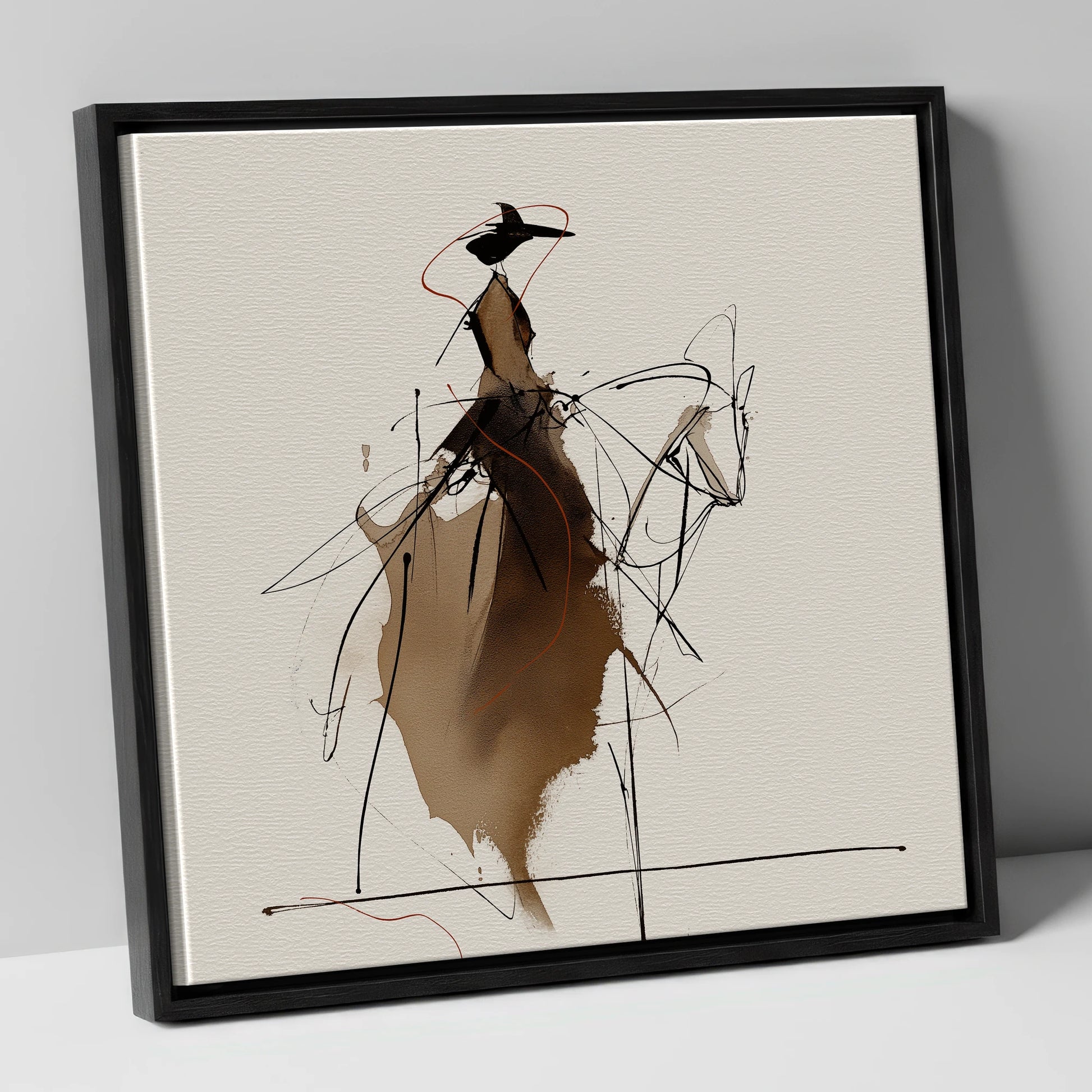 Elegant Sepia Rider horse & rider canvas wall art in black frame
