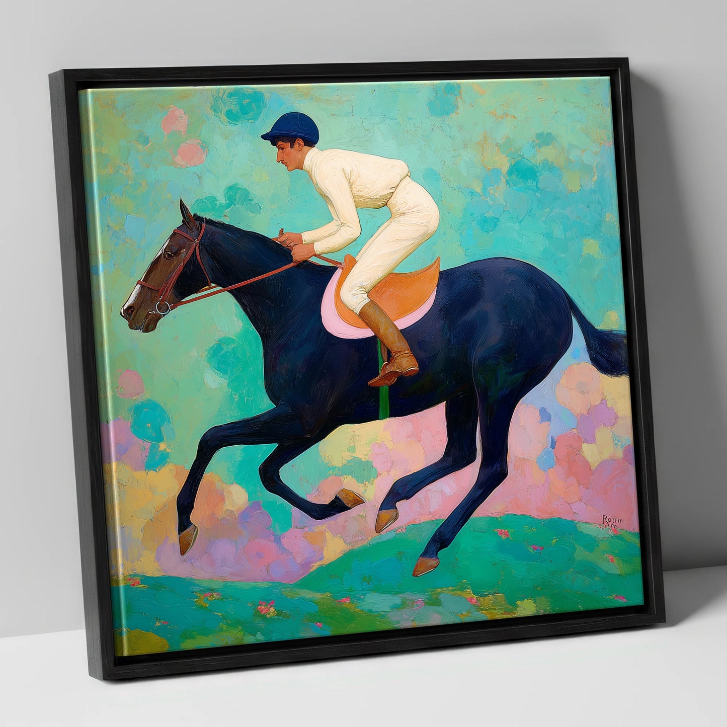 The Indigo Gallop racing horse canvas wall art in black frame