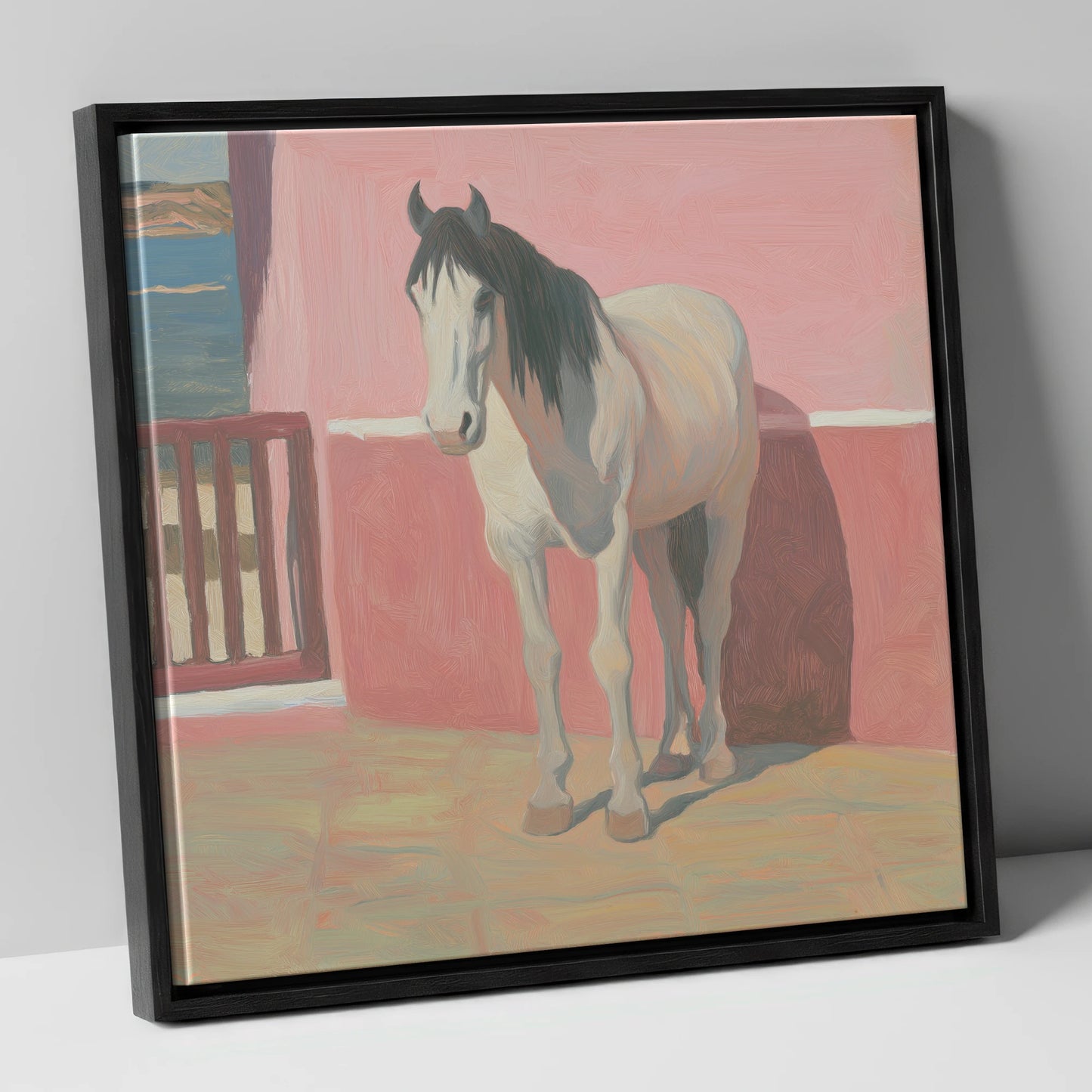 Coastal Courtyard Grey horse breed canvas wall art in black frame