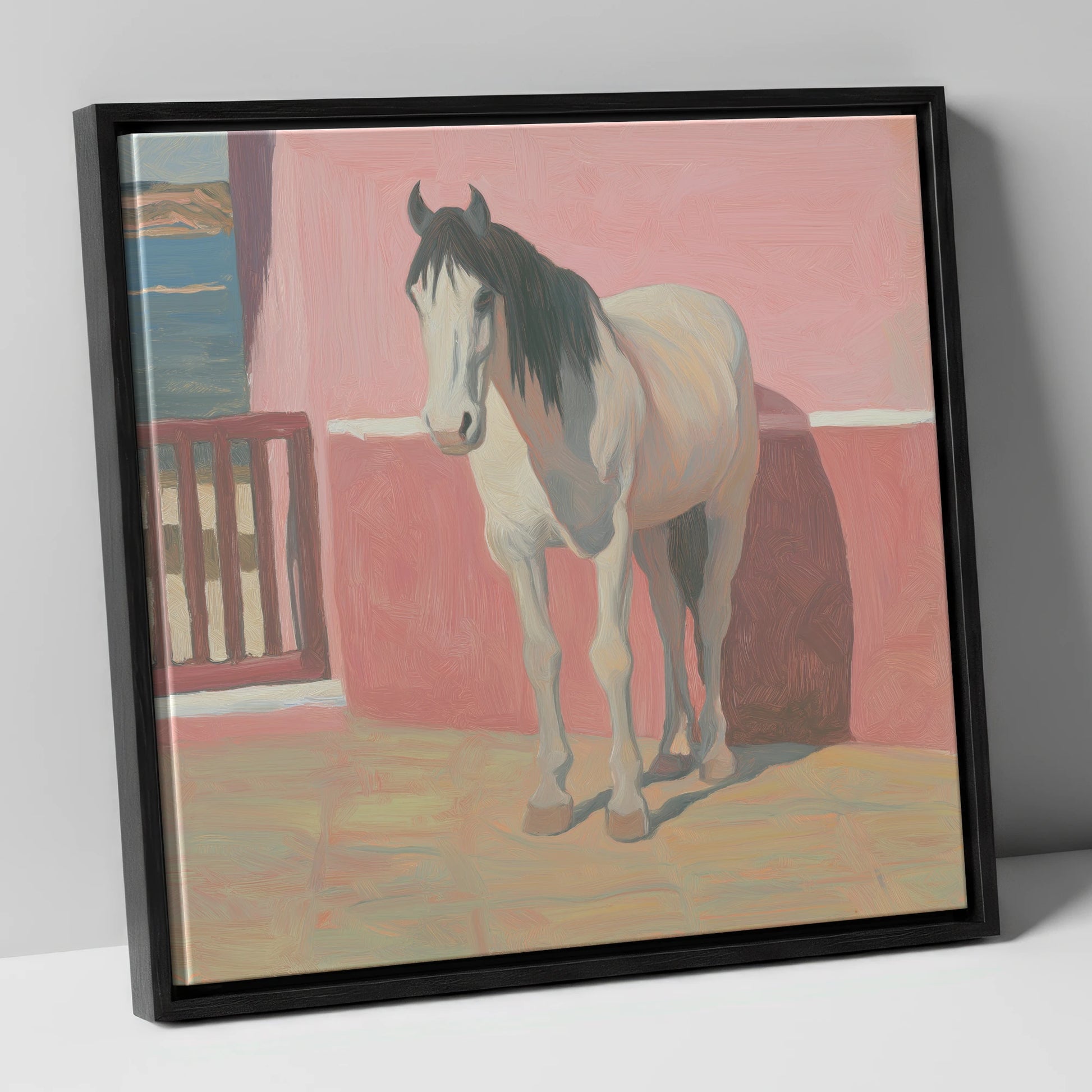 Coastal Courtyard Grey horse breed canvas wall art in black frame
