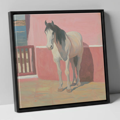 Coastal Courtyard Grey horse breed canvas wall art in black frame