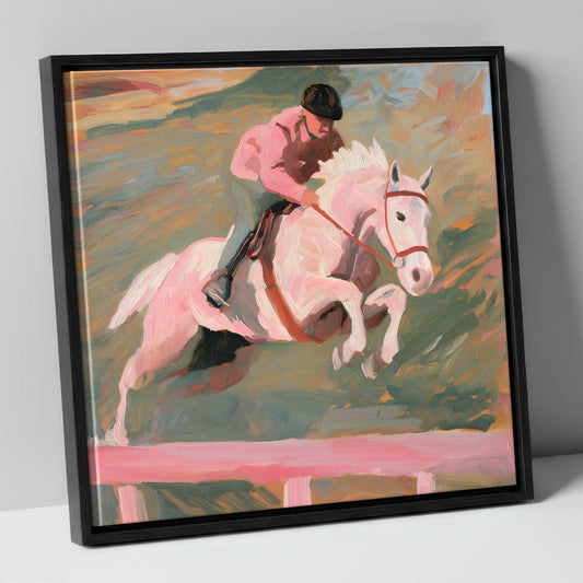 Airborne in Pastel show jumping horse canvas wall art in black frame