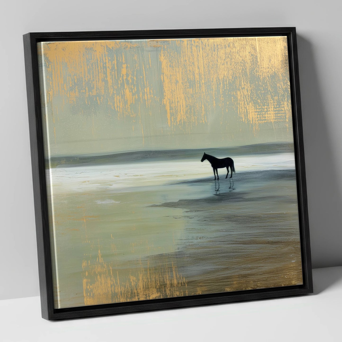 Gilded Horizon horse landscape canvas wall art in black frame