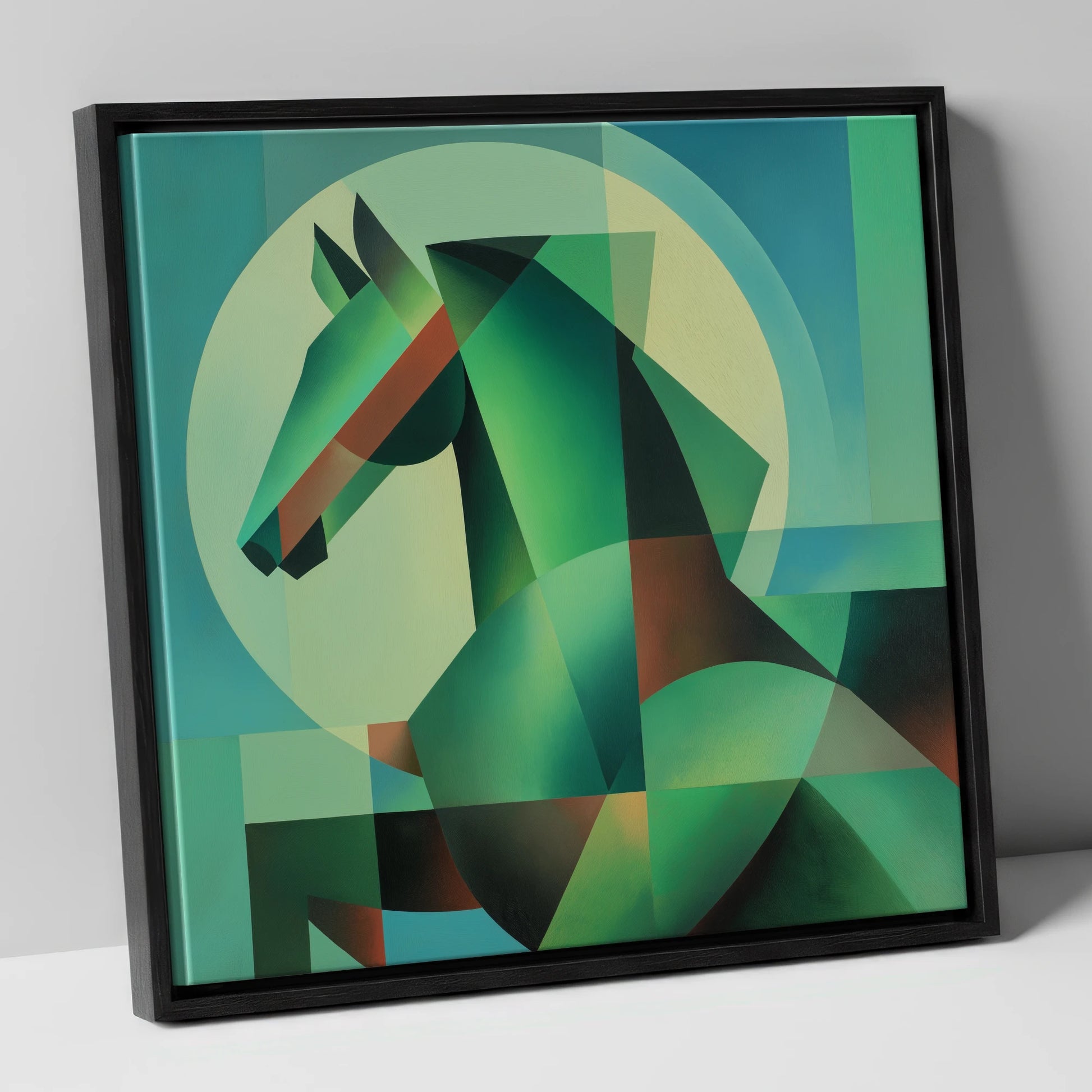 Geometric Emerald Profile horse portrait canvas wall art in black frame