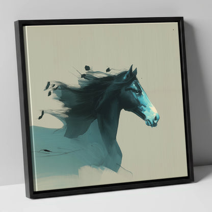 Dynamic Teal Spirit horse breed canvas wall art in black frame
