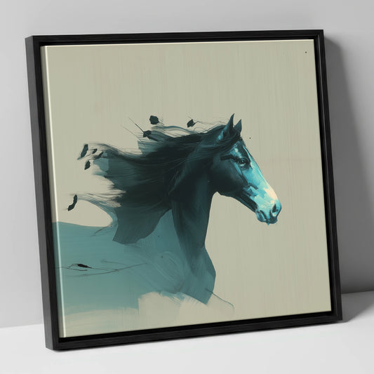 Dynamic Teal Spirit horse breed canvas wall art in black frame
