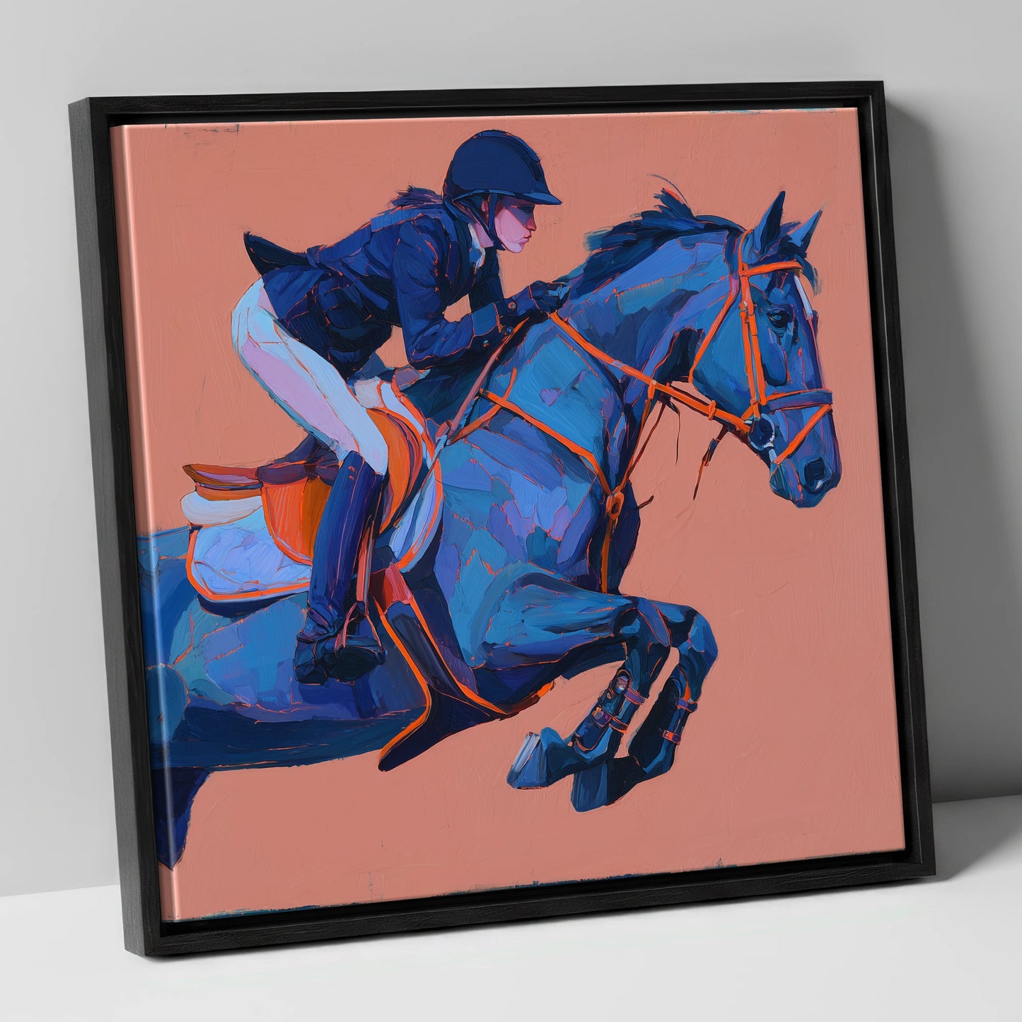 Indigo Leap show jumping horse canvas wall art in black frame