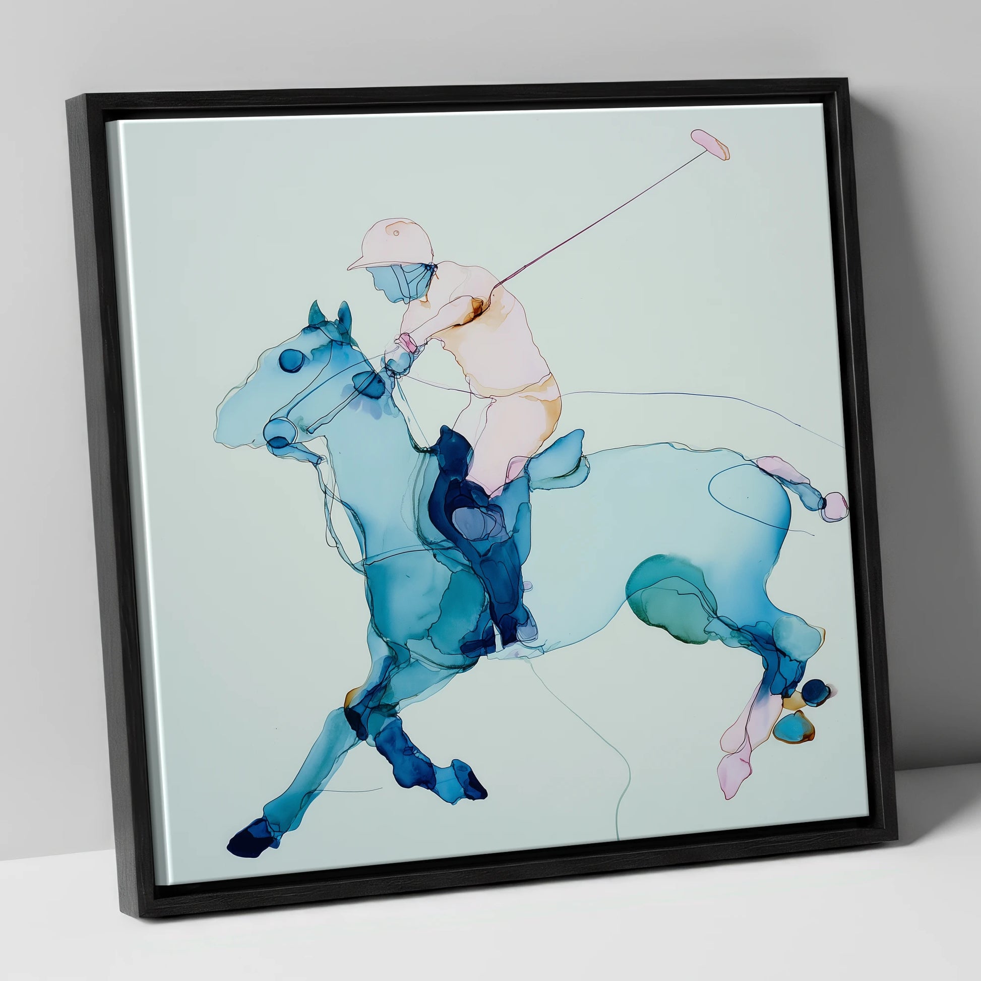 Fluid Polo Strike polo horse canvas wall art in black frame