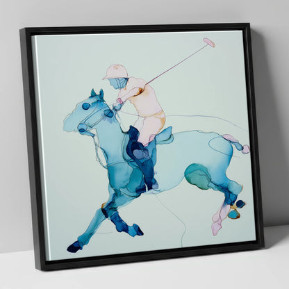 Fluid Polo Strike polo horse canvas wall art in black frame