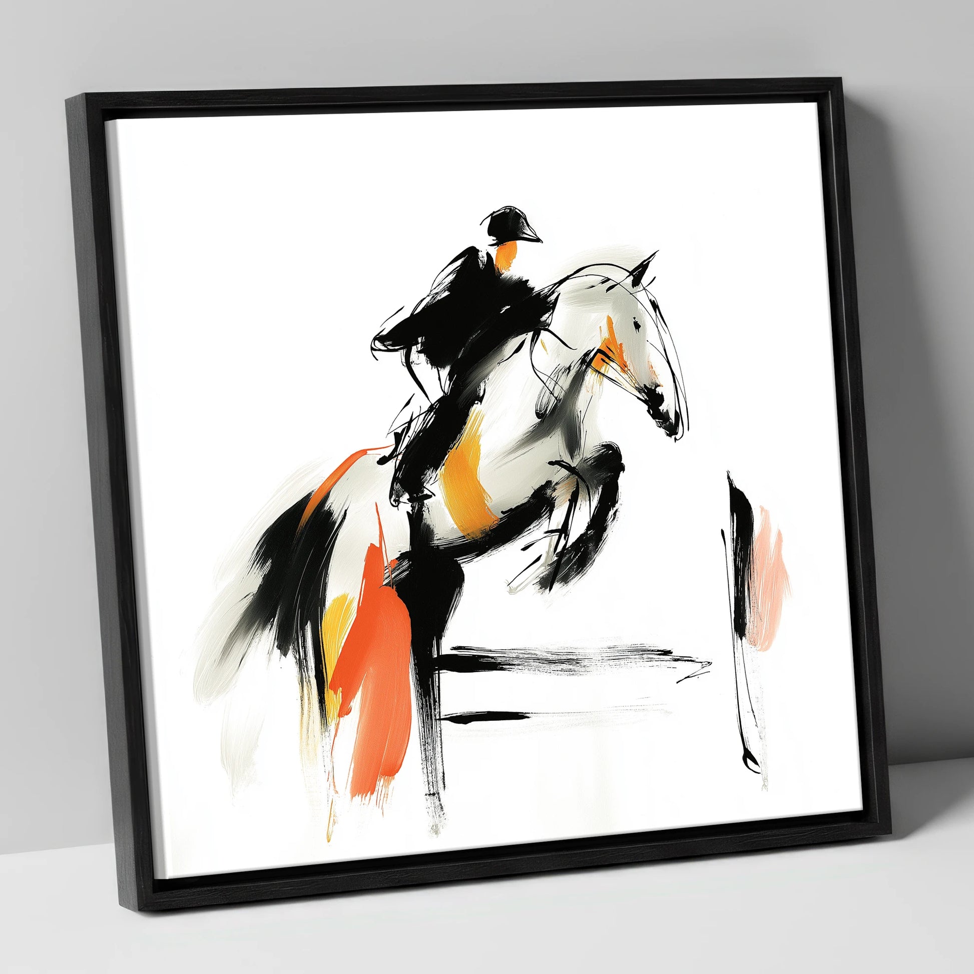 Spirited Ascent show jumping horse canvas wall art in black frame