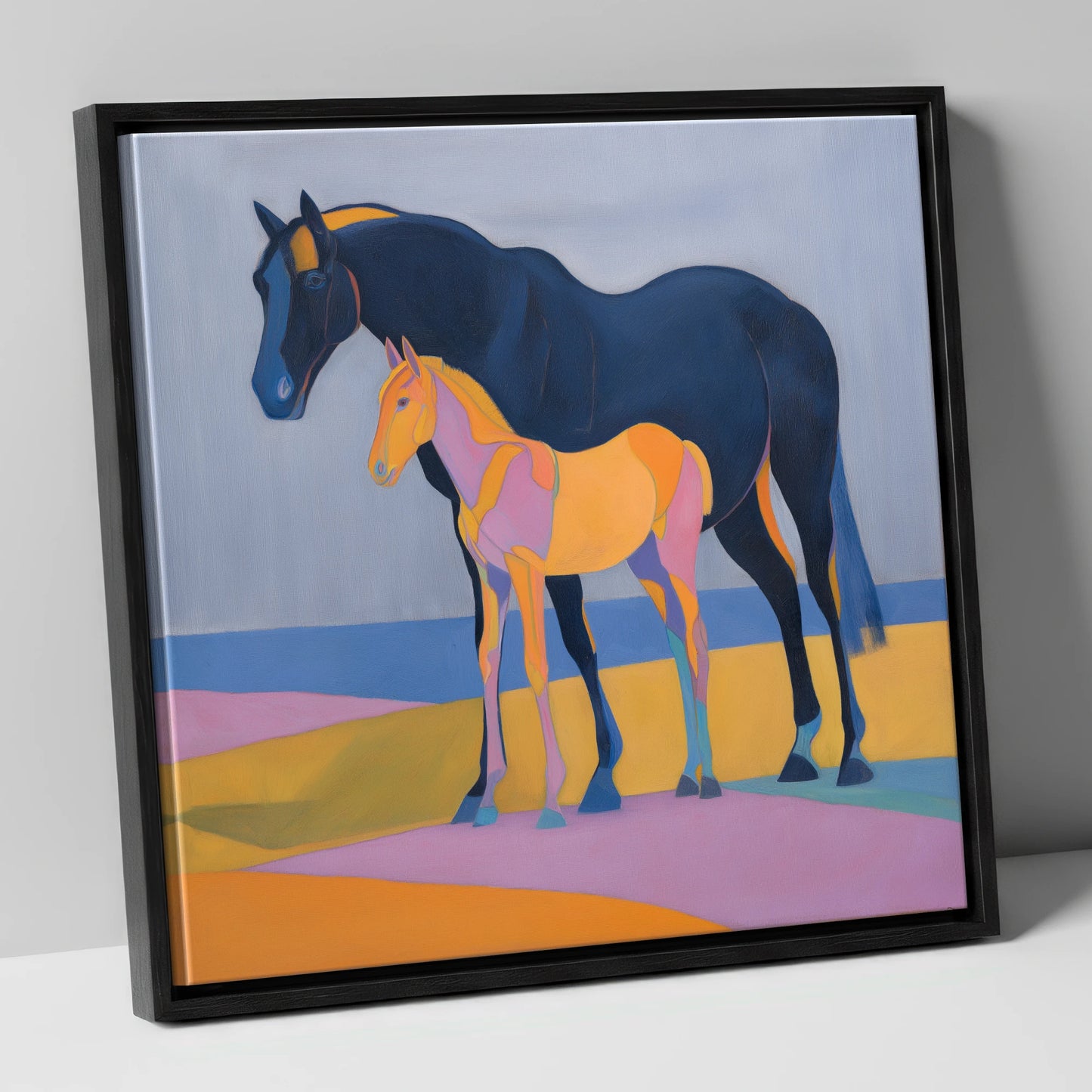 Midnight Mare Radiant Foal mare & foal canvas wall art in black frame