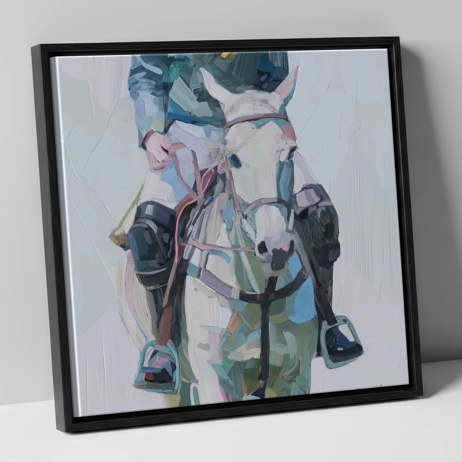 Quiet Before the Chukka polo horse canvas wall art in black frame