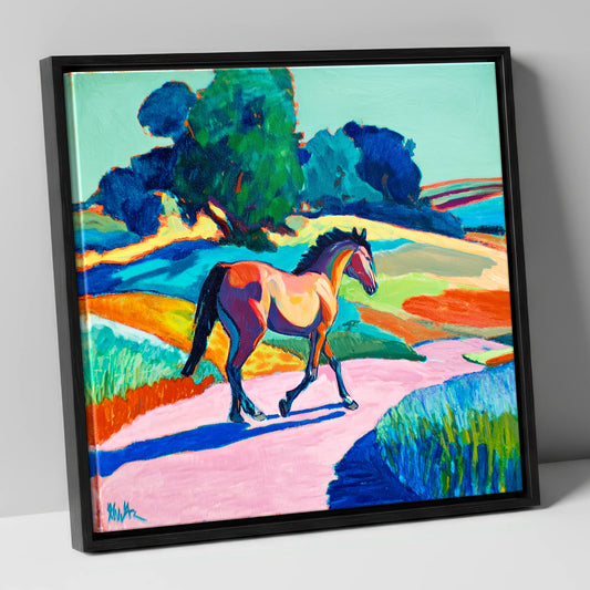 Technicolour Trot horse breed canvas wall art in black frame