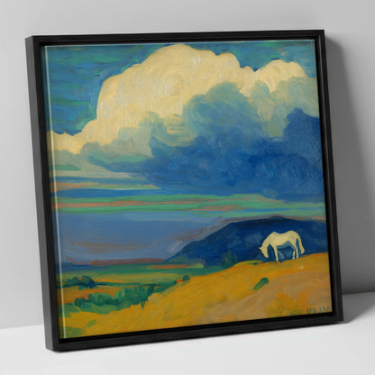 Grazing Beneath Big Skies horse landscape canvas wall art in black frame