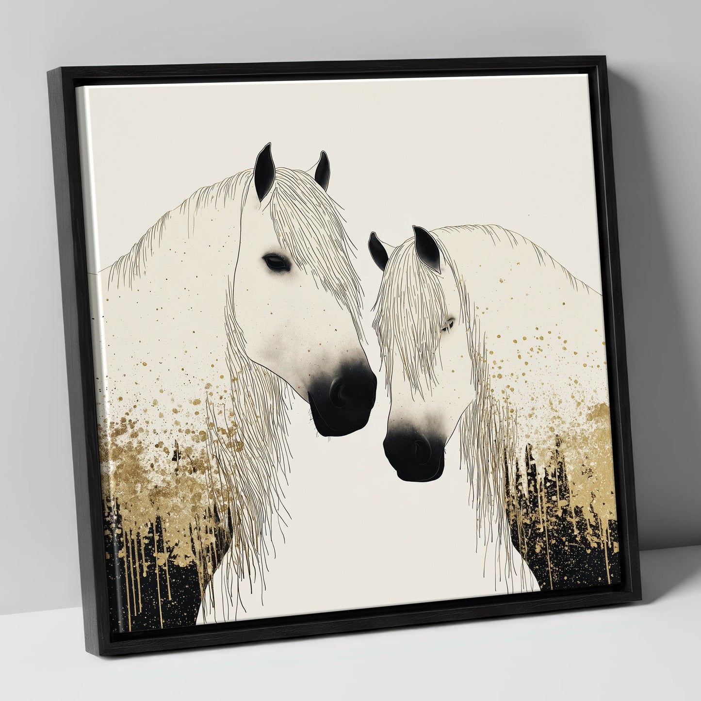 Gilded Companions horse landscape canvas wall art in black frame