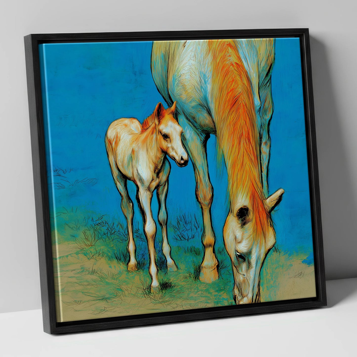 Nurture and Nature mare & foal canvas wall art in black frame