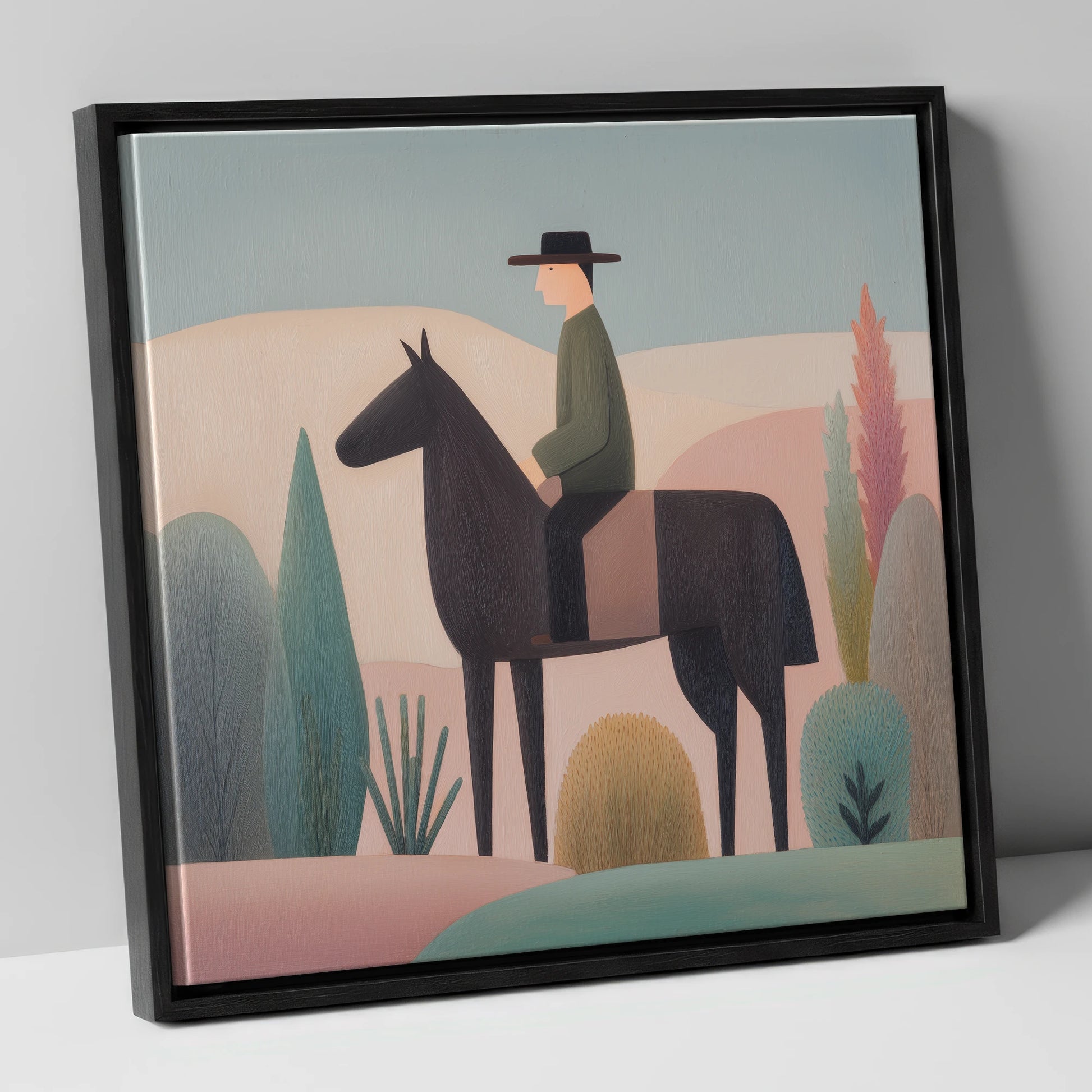The Quiet Trail western horse canvas wall art in black frame